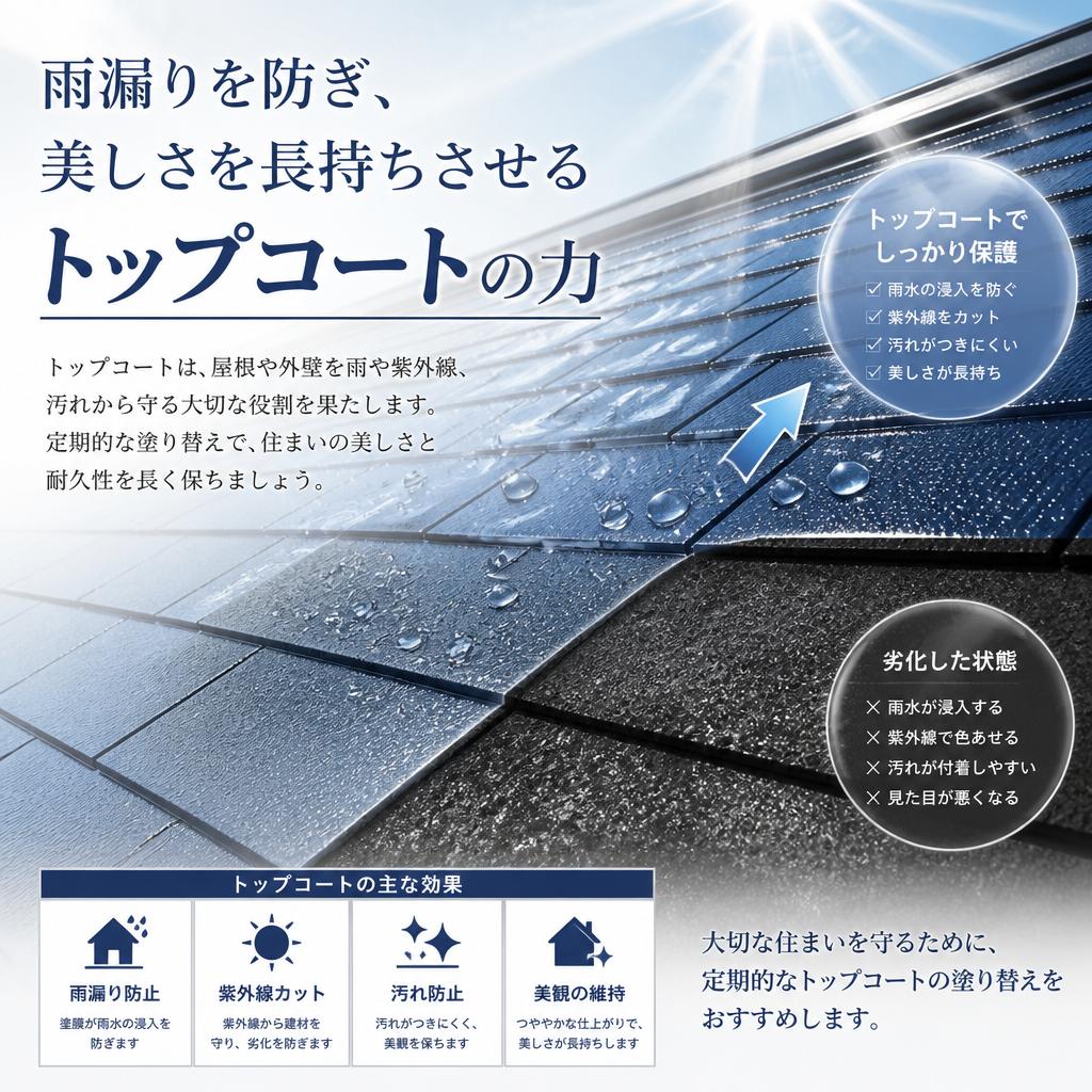 雨漏りを防ぎ、美しさを長持ちさせるためのトップコートの力